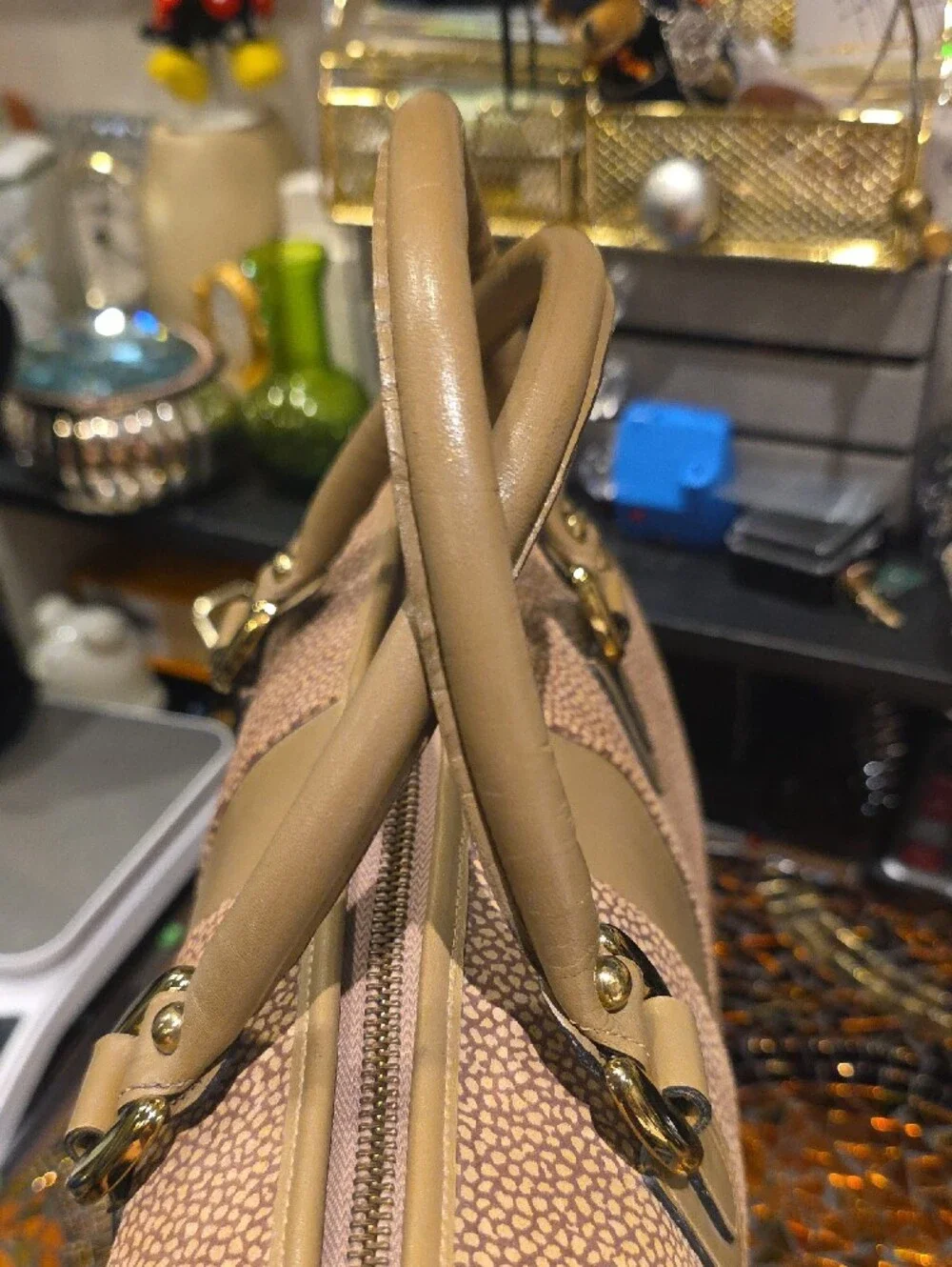 Classic Tan Dome Satchel with Center Stripe and Gold Hardware
